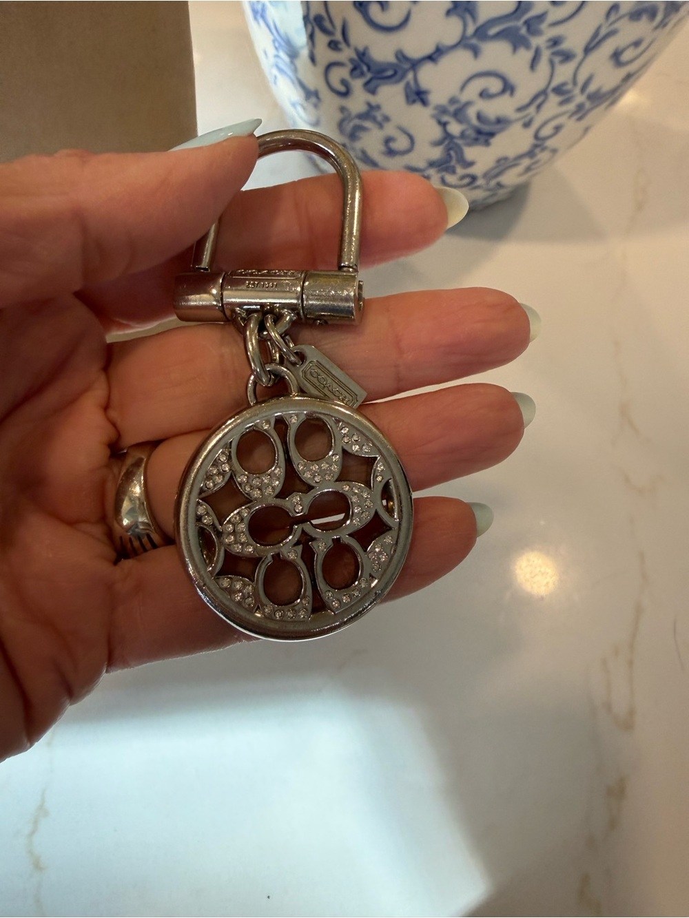 Coach Silver-Tone Crystal Logo Round Key Fob
